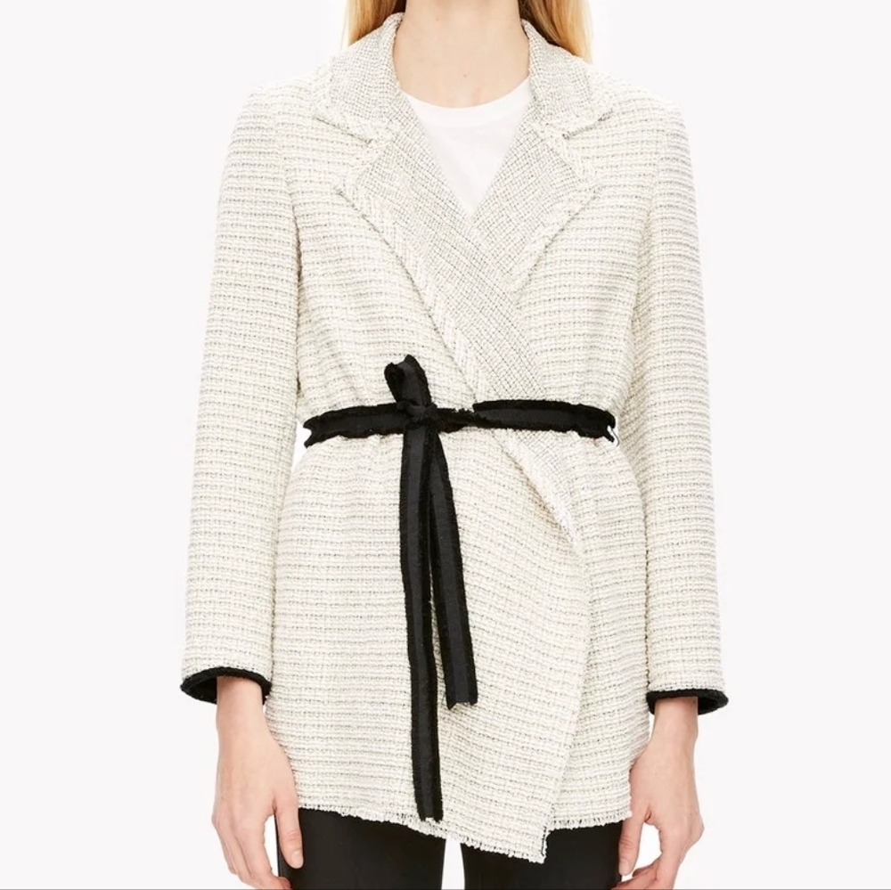 Theory Tweed Relaxed Open Front Pockets Belted Casual Women's Jacket Size XS.